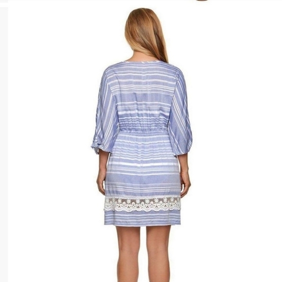 Dotti Tassel Tunic Striped Cover Up Blue White Crocheted Lace Trim Drawstring 1X - Picture 12 of 13